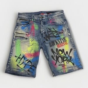 ROCKSTAR ORIGINAL New York Hype Denim Jean Shorts Blue 32 Y2k Hip-hop Streetwear